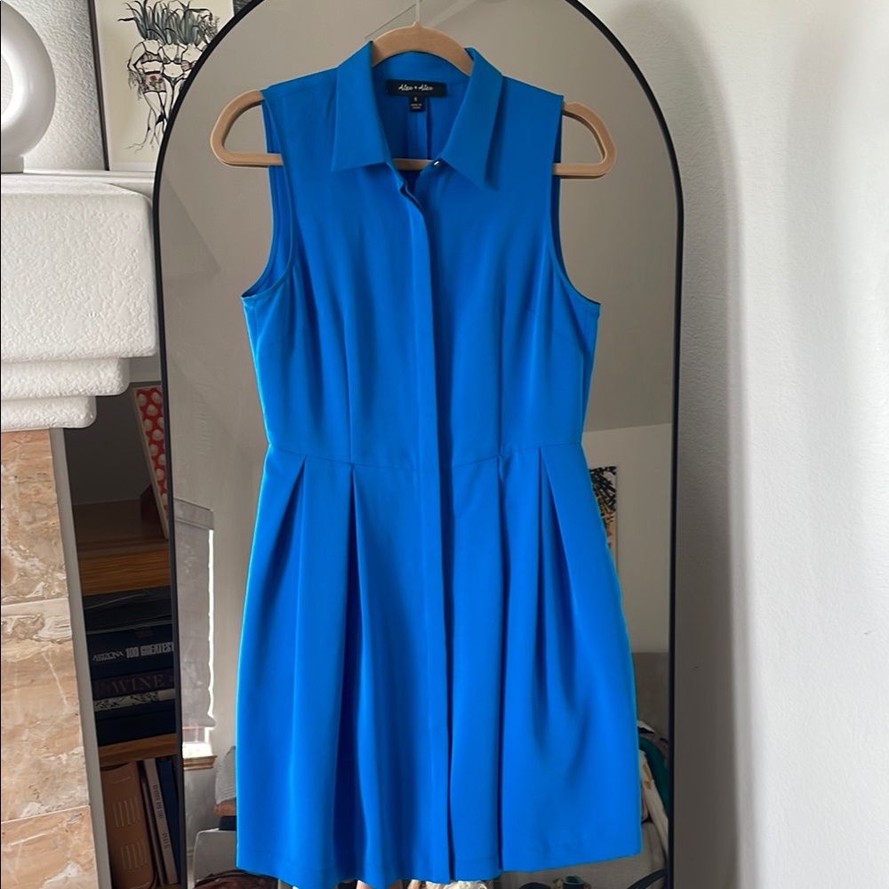 Blue Pleated A-Line Mini Dress